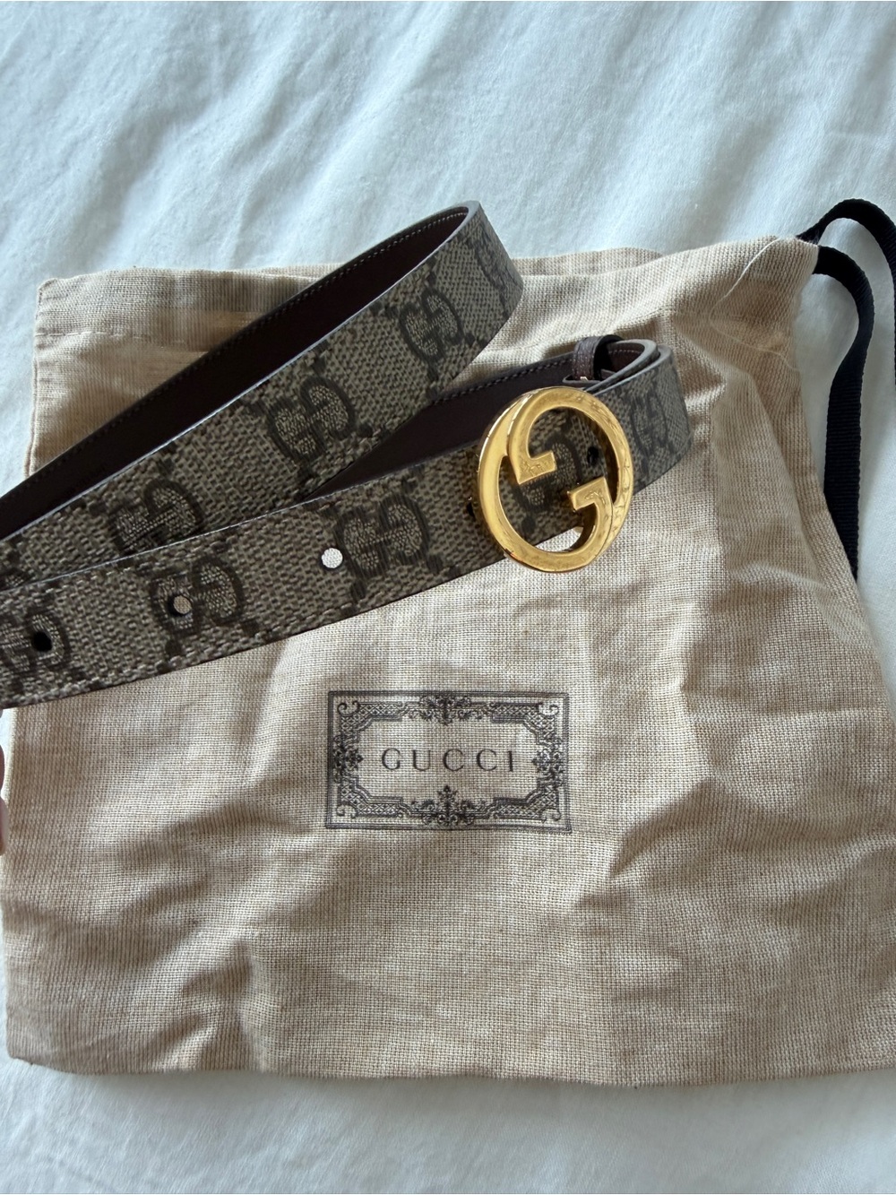 Gucci GG Supreme Belt with Gold Interlocking G Buckle in Beige and Brown
